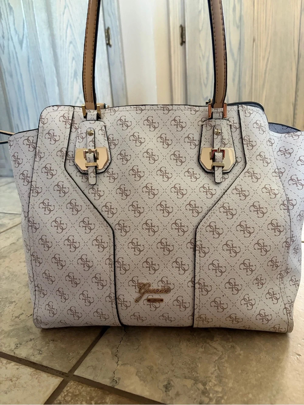 GUESS Cream and Brown Logo-Print Tote